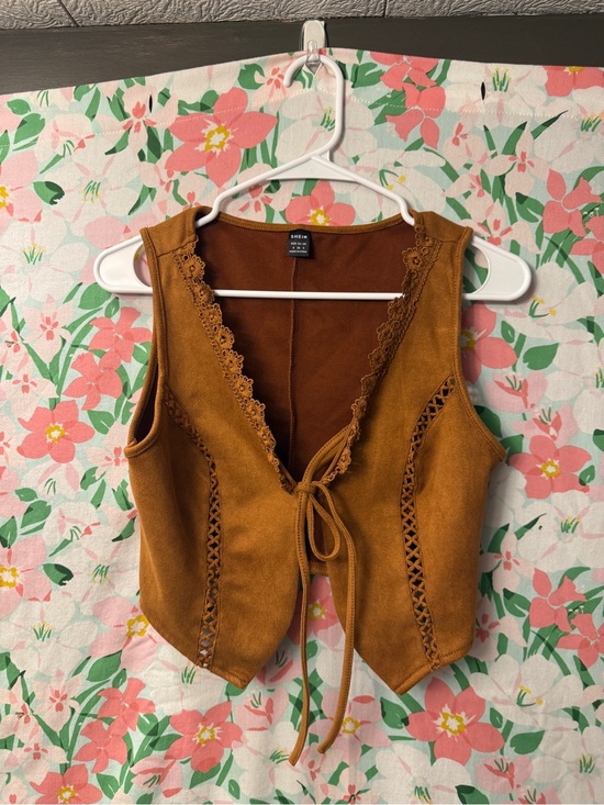 SHEIN Tops - SHEIN Brown Lace-Trim Suede Tie-Front Vest Tank